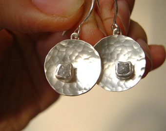 Rough Diamond Earrings - Round hammered Disc- Dangle or Stud Earrings - Sterling Silver - Handmade by Metalmorphoz
