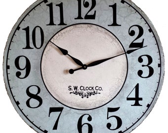 30 inch North Haven Large Wall Clock - Antique style big french numbers tuscan blue cream