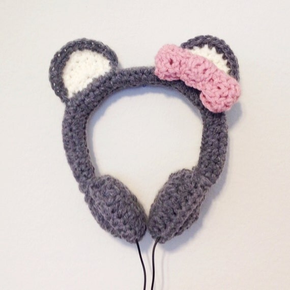Gray Bear w/Pink Bow Crocheted Headphones by LateToTheRevolution