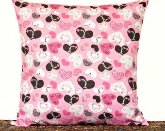 Pink Valentine Pillow Cover Cushion Hearts Brown White Retro Decorative 18x18