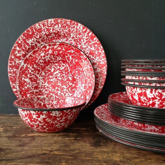 Vintage Red Enamelware Dish Set by HomeSpunStyle on Etsy