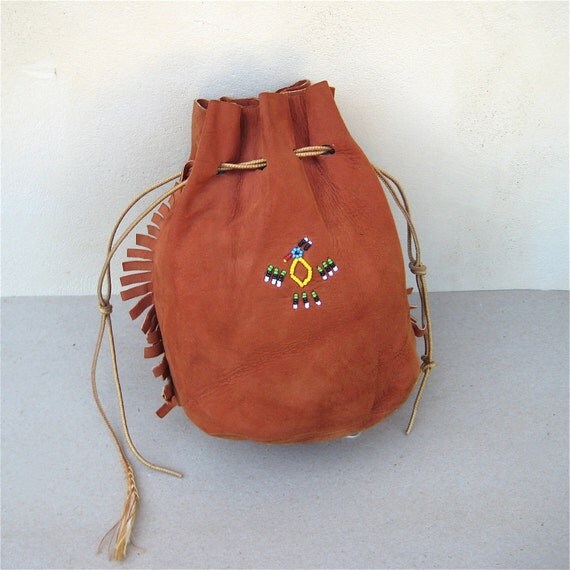 Native American Beaded Bag Deerskin Drawstring Pouch by elansolete