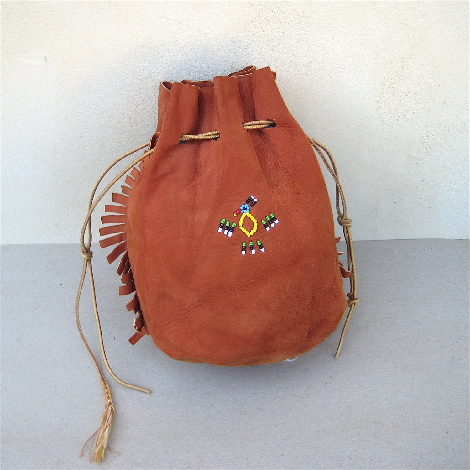 Native American Beaded Bag Deerskin Drawstring Pouch by elansolete