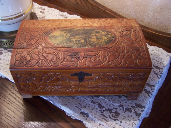 antique carved wood jewelry box cedar early 1900s rustic