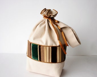 Drawstring bag, knitting project bag, crochet project bag, knitting bag, yarn holder, wip bag,sock bag, Medium size ivory brown green fabric