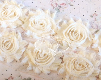 2 1/2" inch- 1 yard CREAM Chiffon Shabby Rose Trim, Hair Bow. Chiffon Frayed Rosettes Trim. Hair Bow