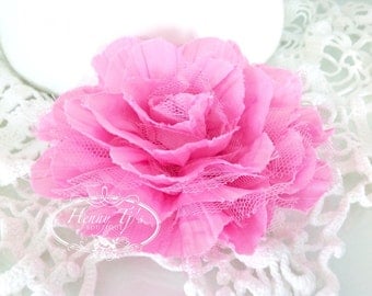 1 pc BUBBLEGUM PINK Large Puff Shabby Chic Frayed Wrinkled Cotton Voile and Tulle Rose Fabric Flower