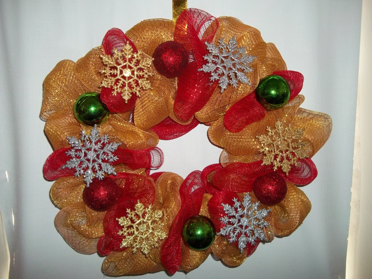 Hand Crafted 'Red and Gold' Mesh Christmas Holiday Wreath with Ball Ornaments and Snowflakes