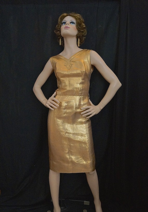 Vintage 1950s Dress / 50s Gold Lame Wiggle Dress / Shimmering