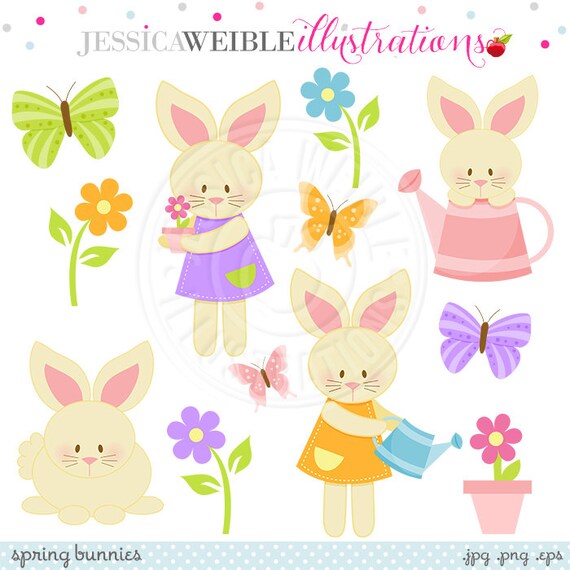 Spring Bunnies Cute Digital Clipart, Easter Bunny digital clipart, Easter Clipart, Easter Graphics, Spring Clip art, Easter Digital Download Il_570xn