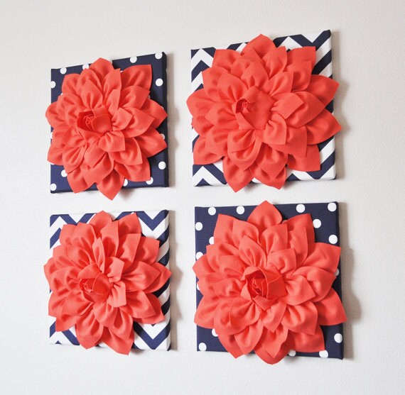 Flower Wall Hangings SET of FOUR Coral Dahlias on Navy