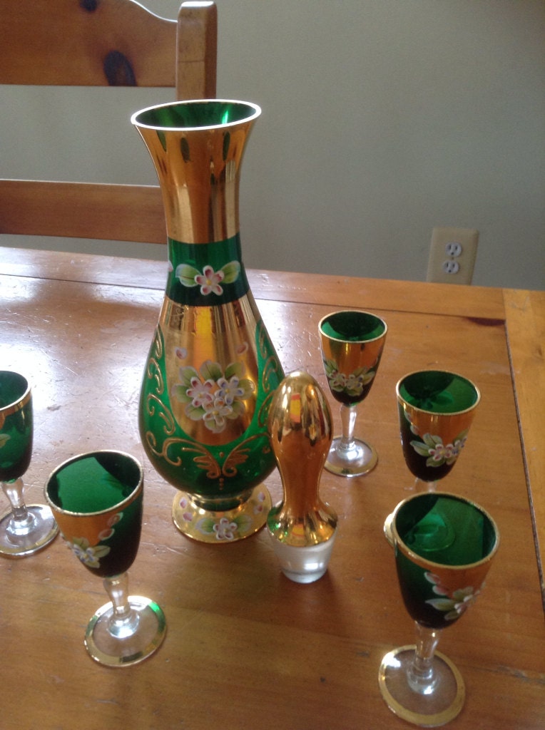 Vintage Green Glass Cordial Decanter Set Murano Glass Haute Juice