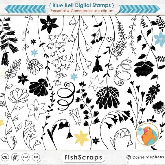 Blue Bell Flower Images - Hand Drawn Doodles - Floral ClipArt - PNG Digital Stamps + Photoshop Brushes - Vine Outline Clip Art - Fairytale Il_570xn