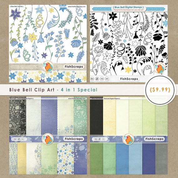 Blue Bell Floral Clip Art and Digital Paper, Flower Graphics & Scrapbooking Background Collection, Purple, Lavender and Yellow Il_570xn