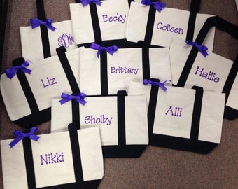 Set of 5 personalized bridesmaids tote/ monogrammed wedding tote/ wedding party gifts/ embroidered bridal party tote/ canvas boat bag