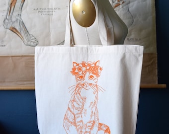 Recycled Cotton Canvas Tote Bag - Screen Printed Grocery Bag - Eco Friendly Shopper Tote - Large Tote - Farmers Market - Cat - Floral