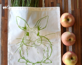 Reusable Produce Bags - Screen Printed Natural Cotton Produce Bags - Eco Friendly - Bulk - Produce - Grocery Bag - Rabbit - Farmers Market