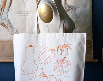 Recycled Cotton Canvas Tote Bag - Screen Printed Grocery Bag - Large Eco Friendly Shopper Tote - Pumpkin - Farmers Market - Winter Squash