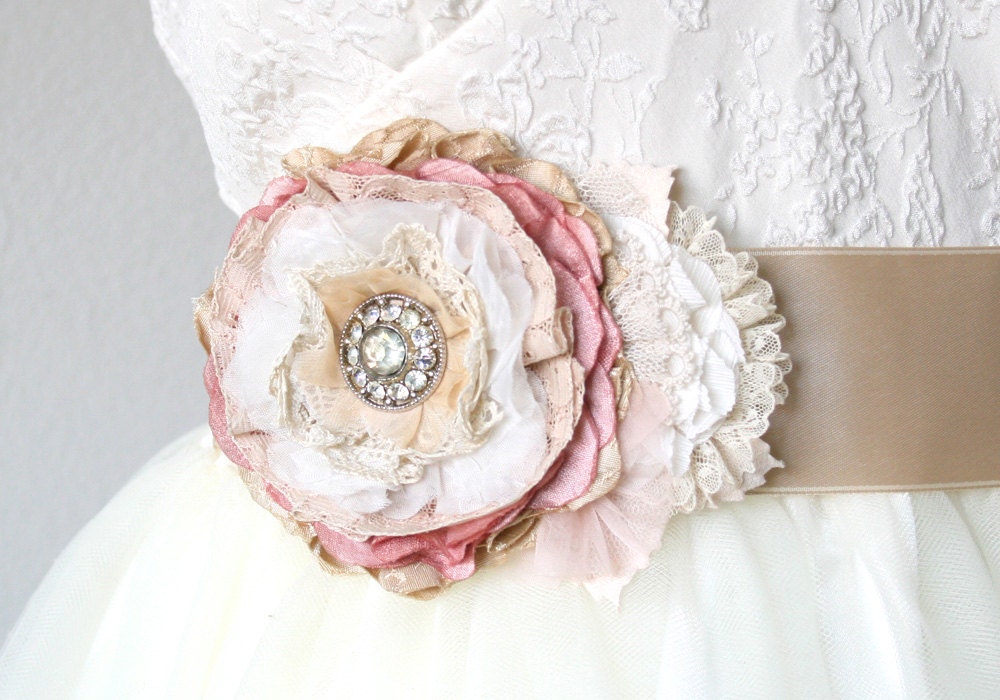 Fabric Flower Wedding  Dress  Sash  Floral Sash  by 