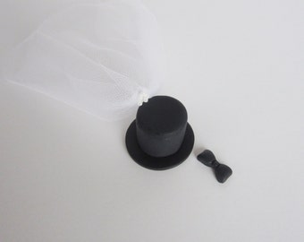 bride and groom set of miniature hat, veil, bow tie designed for sugar sea horses (sea horses not included)