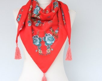 Floral summer scarf coral red tassel scarf turkish scarves triangle vegan summer shawl