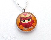 Wearable Art, Red Owl Pendant with necklace, original acrylic painting under glass, mini art, NOT A PRINT