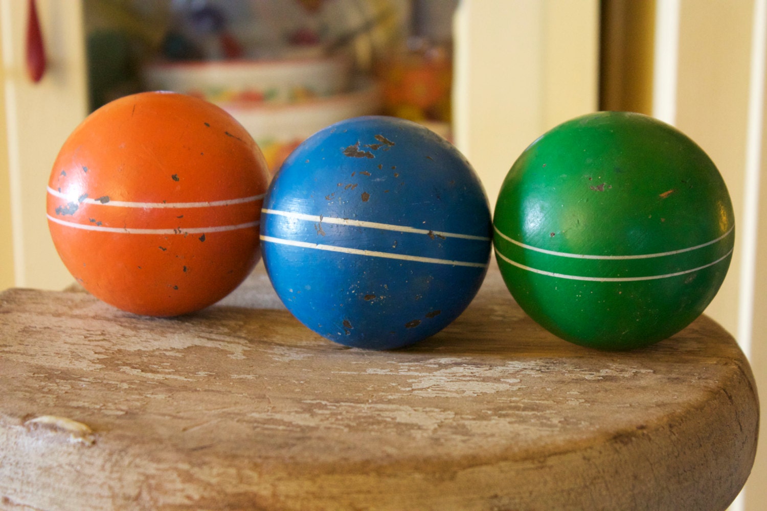 SALE Antique Striped Wood Croquet Balls Vintage Orbs Home
