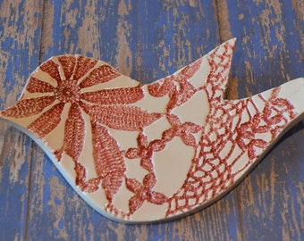 red ceramic bird spoon rest - hand formed lace dish - ceramic trinket dish