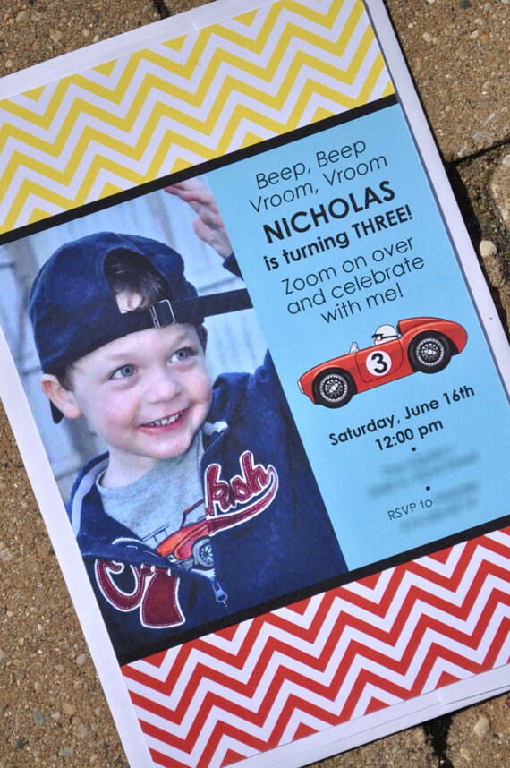 Boys Birthday Party Invitations, Chevron - Race Car Birthday - Party Decorations in Blue, Red, Yellow & Black - Set of 12 Il_570xn