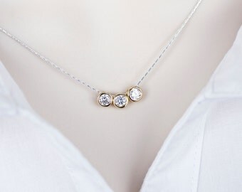 Cubic Zirconia Necklace, Gold Plated Triple CZ Solitaire Drop Necklace, Gold and Sterling Silver CZ Necklace, Modern Everyday Jewelry