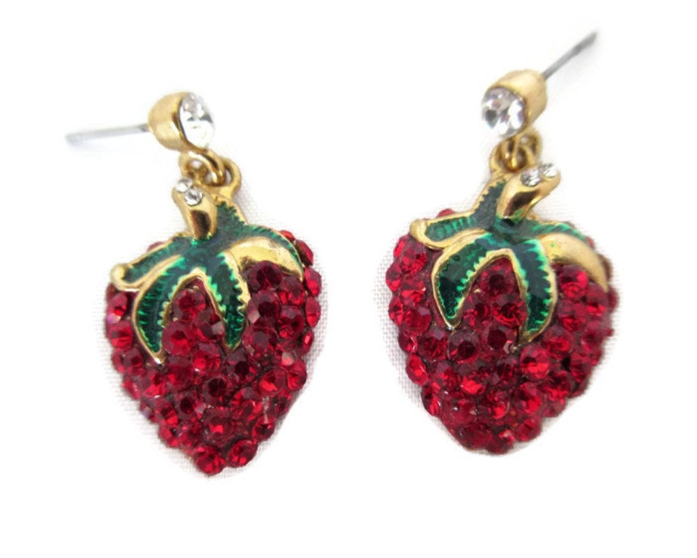 red rhinestone strawberry earrings vintage gold by DancewithJewels