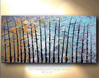 Made to Order 72" Tree Aspen Painting Pine Alder Abstract 48x24 Turquoise Wall Decor Textured Modern Contemporary art Made to Order by OTO