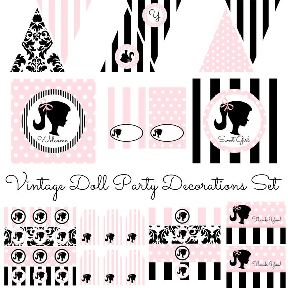 Vintage Doll Printable Party Decorations for Birthday Party or Baby Shower - DIY Barbie Silhouette Decor by BeeAndDaisy - INSTANT DOWNLOAD Il_570xn