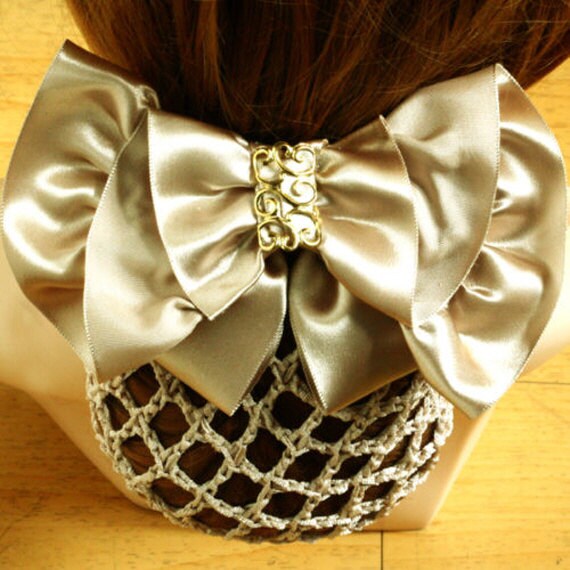 Items similar to beige satin ruffle bow hair bun cover snood net