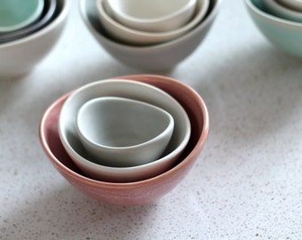 Mini Nesting Bowls - Salmon, white, gray - set of 3 - Pottery Bowls - Stacking prep bowls