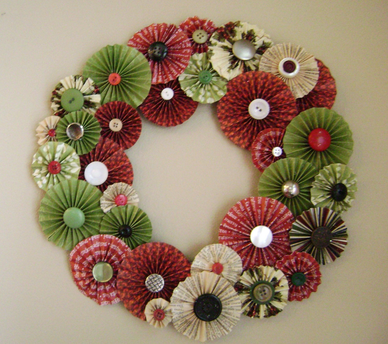 Christmas wreath red green,vintage book page fan fold accordian style pinwheel button centers