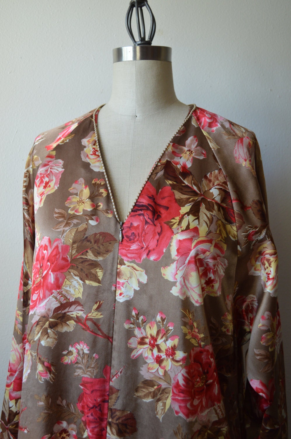 Vintage Christian Dior Robe 1980s Floral Caftan Robe Brown and