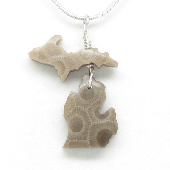 Michigan Shape Petoskey Stone Pendant Upper Peninsula and