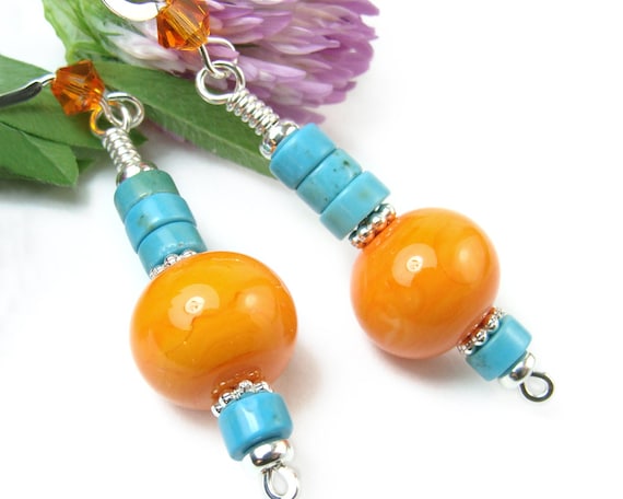 Orange Blue Dangle Earrings, Lampwork Beads, Turquoise Howlite, Summer, Handmade Jewelry