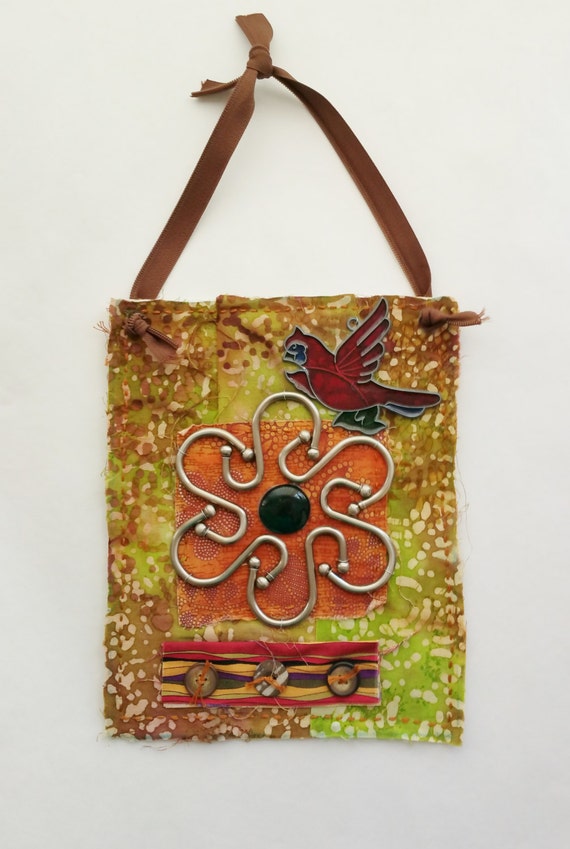 Fabric Collage Art Wall Hanging Flower and by RobinsArtAndDesign