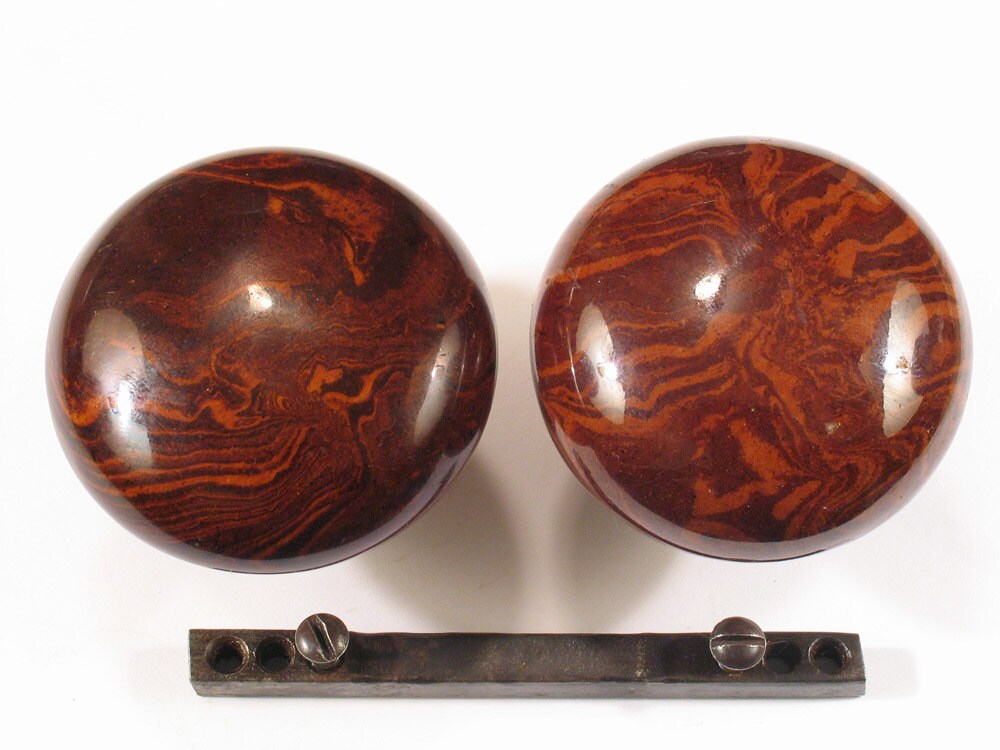 Pair Brown Swirl Porcelain Door Knobs Antique Bennington