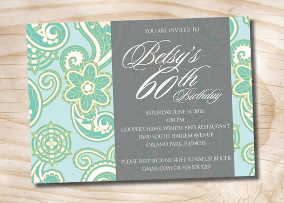 PAISLEY ELEGANCE Adult Birthday Party Invitation custom invite, 30th, 50th, sweet 16 - Printable digital file or printed invitations Il_570xn