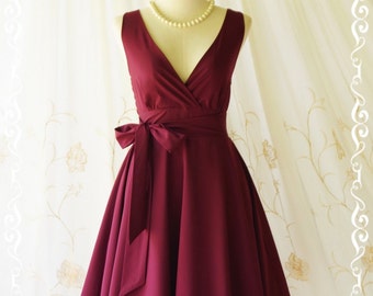 SALE Maroon dress red dress maroon party dress maroon sundress vintage dress style maroon bridesmaid dresses solid bridesmaid dresses V neck
