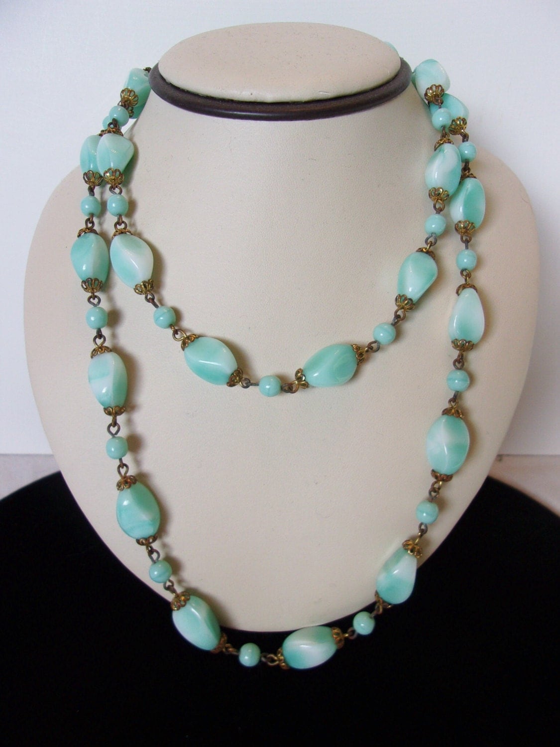 ART DECO Jewelry Necklace Flapper Turquoise Glass Bead