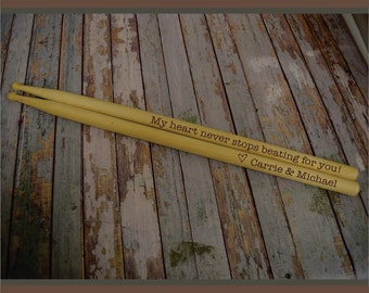 Engraved Drumsticks, Pair of Personalized Drum Sticks, Professional 2B Wood Tip