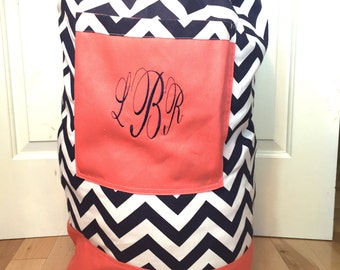 Monogrammed Laundry Duffel Bag, Coral, Navy and White Chevron, Laundry Bag, Hanging Laundry Duffel Bag for College, Laundry Hamper