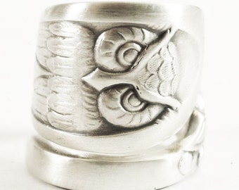 Owl Ring, Sterling Silver Spoon Ring, Bird Ring, Owl Wings, Wise Owl, Silver Owl, Handmade Jewelry Wide Adjustable Ring Size, Boho Ring 1757
