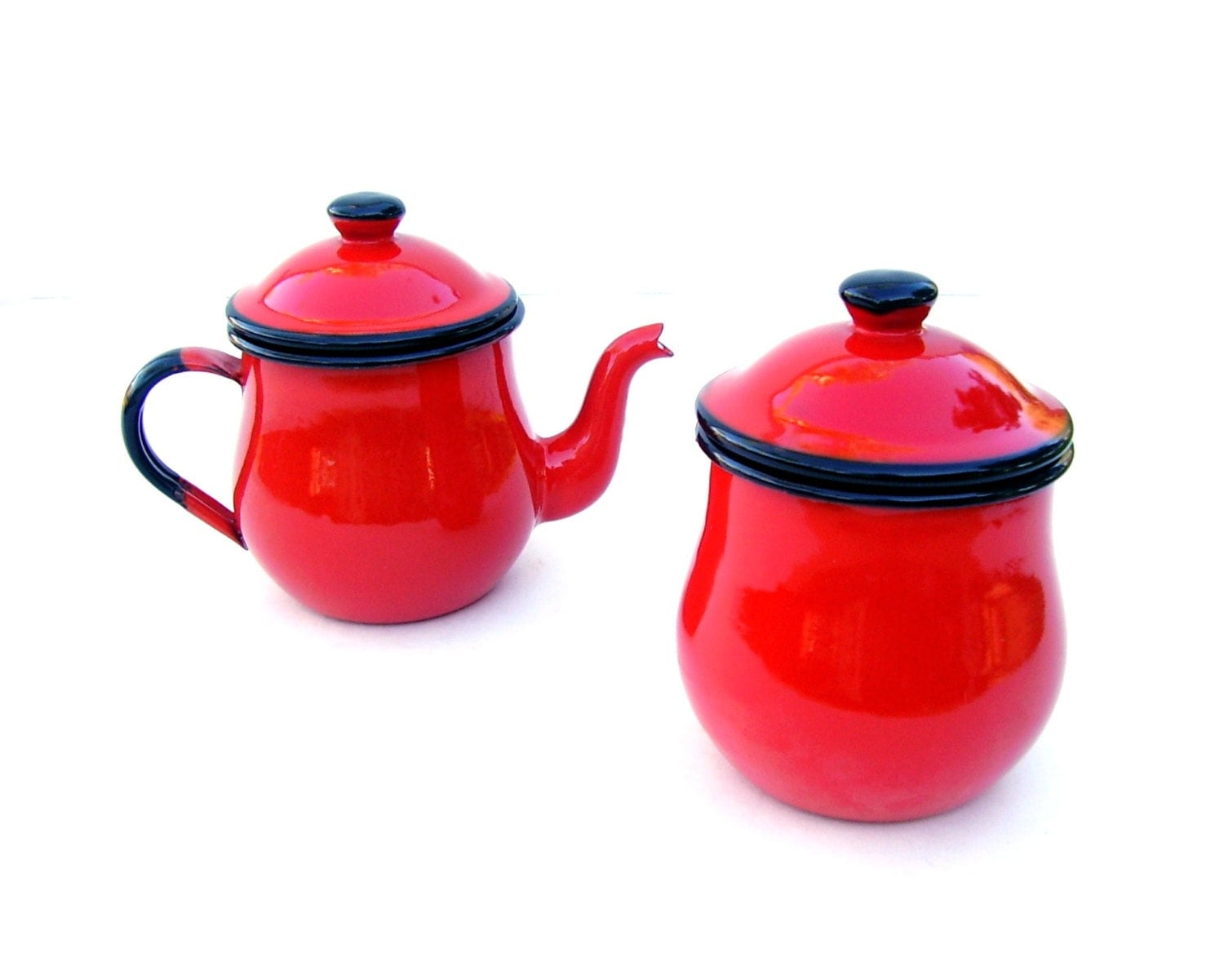 Vintage Red Enamelware Sugar Bowl & Cream Pitcher 1960s