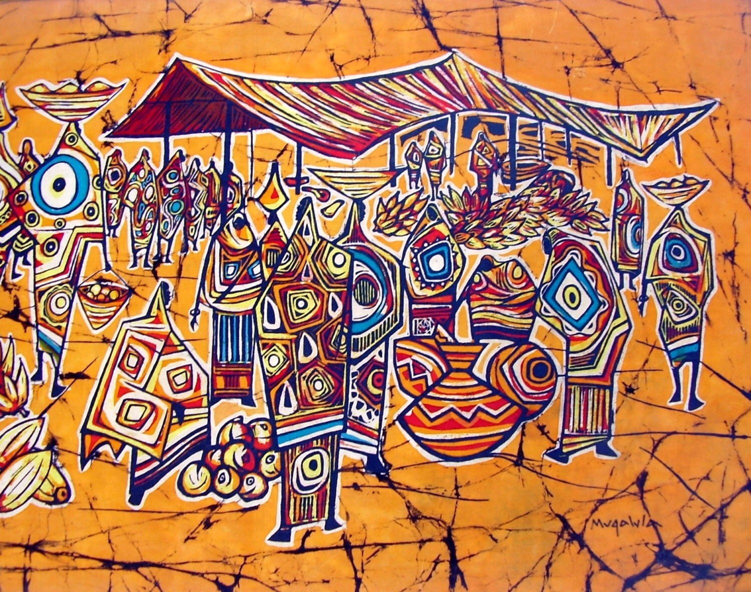 Vintage African  Art  Framed Batik  Fabric  Panel Orange Blue