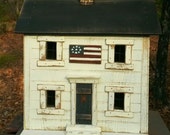 Primitive Lighted Americana Saltbox Folk Art worn white w/ black roof ~ Handpainted Flag ~ Comes w/ light and cord ~  Very unique!